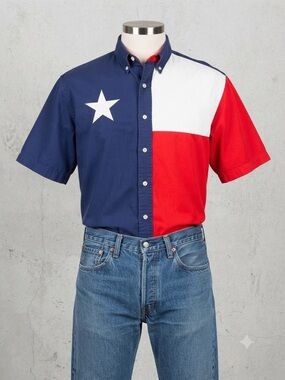 Vintage Texas Cotton Men's Colorblock Star Button-Down Shirt - Navy/Red/White XL